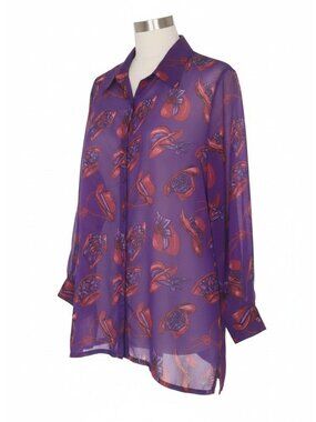 Vintage Indian Tropical Fashions Sheer Purple Button-Up Blouse Red Hat Print M